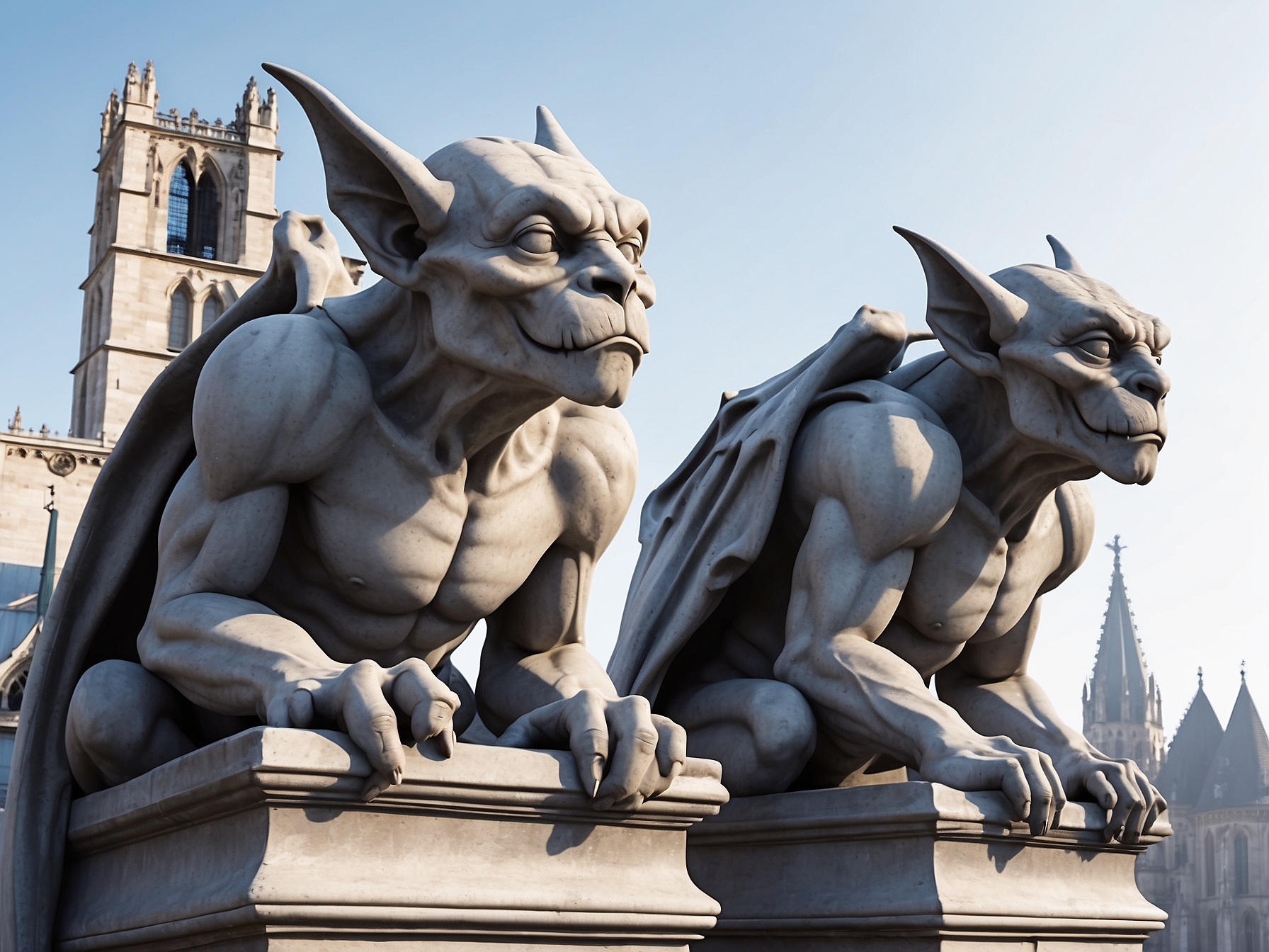 A photograph depicts two intricately carved gargoyle statues perched on the edge of a building's rooftop. The gargoyles, with their exaggerated features and menacing expressions, appear to be guarding the structure below. Each gargoyle has large, bat-like wings folded against its back, and its body is covered in elaborate, textured scales. Despite their stone composition, the gargoyles seem almost lifelike, their eyes glinting in the sunlight. In the background, a cloudy sky adds to the atmospheric scene, creating a sense of mystery and intrigue.