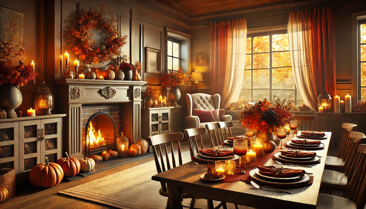 A-cozy-warmly-lit-home-interior-during-Thanksgiving-with-a-beautifully-set-dining-table-autumn-decorations-and-a-fireplace-glowing-in-the-background